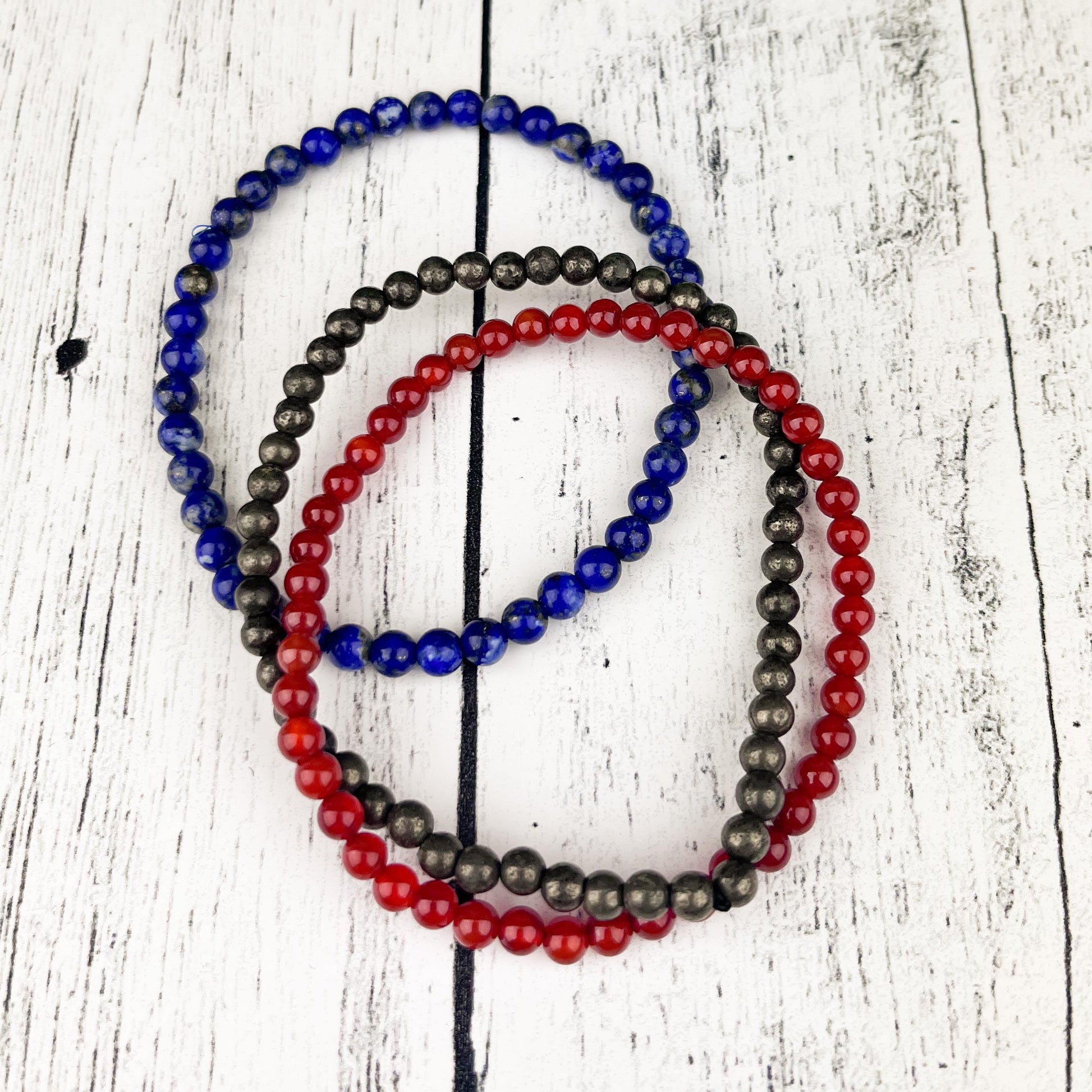 Motivation and Focus Crystal Bracelet Stack Carnelian, Pyrite & Sodalite 4mm Beads - Crystals for everyone • Crystals And Cord