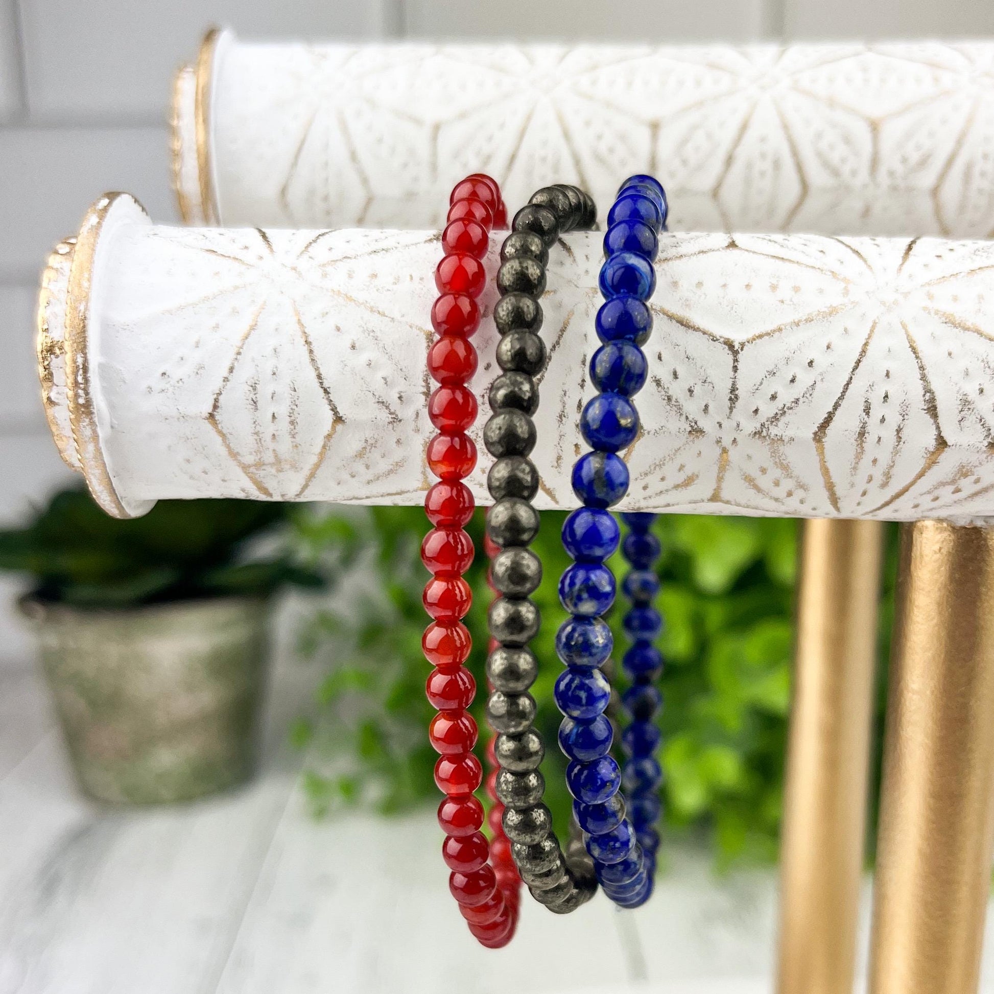 Motivation and Focus Crystal Bracelet Stack Carnelian, Pyrite & Sodalite 4mm Beads - Crystals for everyone • Crystals And Cord