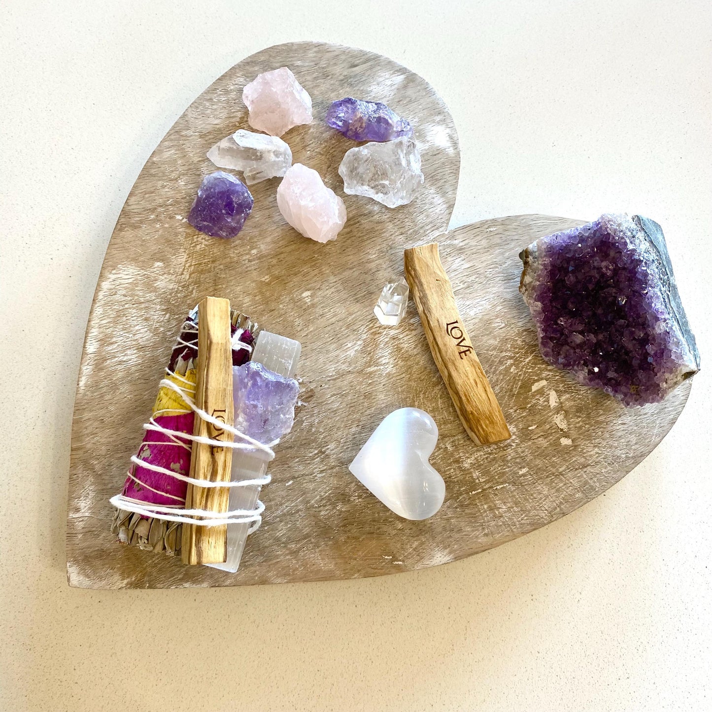 Energy Cleansing Smudge Set with Love Palo Santo, Selenite, and Abalone Shell - Positive Vibes Gift Kit - Crystals for everyone • Crystals And Cord
