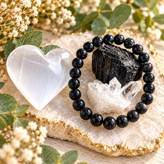 Black Tourmaline Bracelet Gift Set with Selenite Heart & Clear Quartz, Protection and Grounding