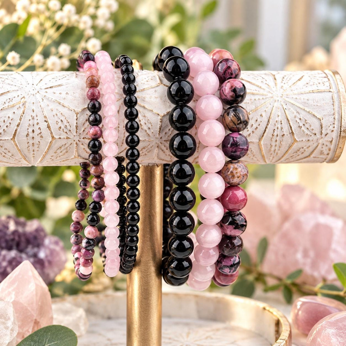 Stress Relief Bracelet Set – Dainty Black Tourmaline, Rose Quartz, Rhodonite Stacking Bracelets