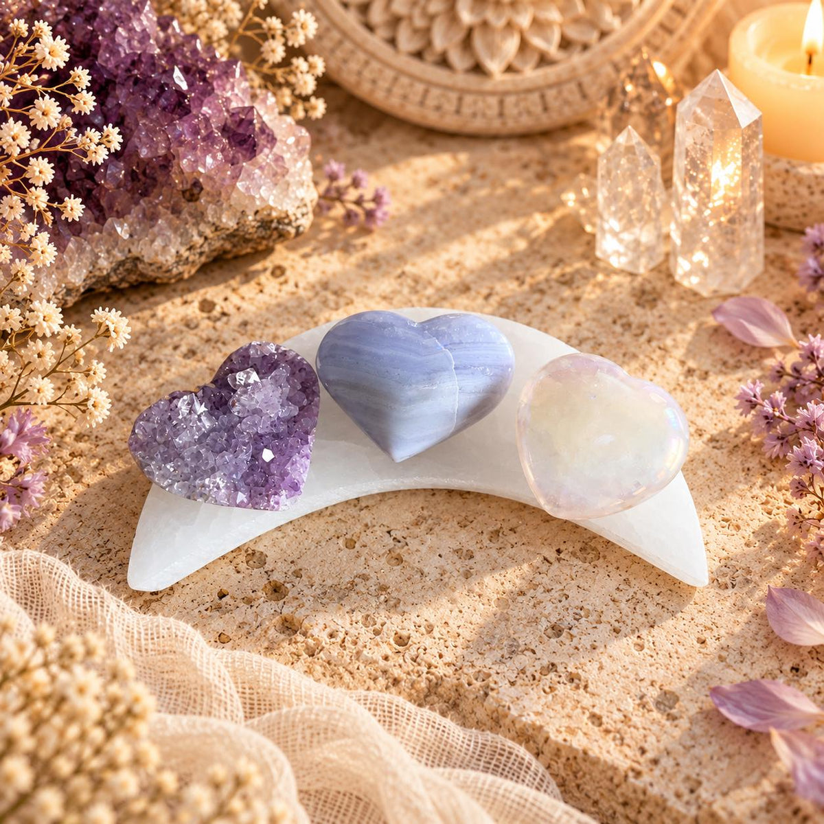 Selenite Charging Plate with Crystal Heart or Stone Sets, Crescent Moon, 4 or 6 Inch.