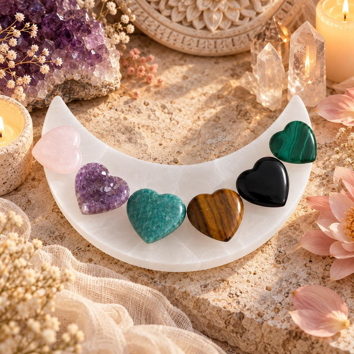 Selenite Charging Plate with Crystal Heart or Stone Sets, Crescent Moon, 4 or 6 Inch.