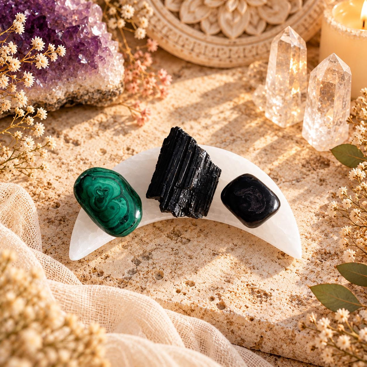 Selenite Charging Plate with Crystal Heart or Stone Sets, Crescent Moon, 4 or 6 Inch.