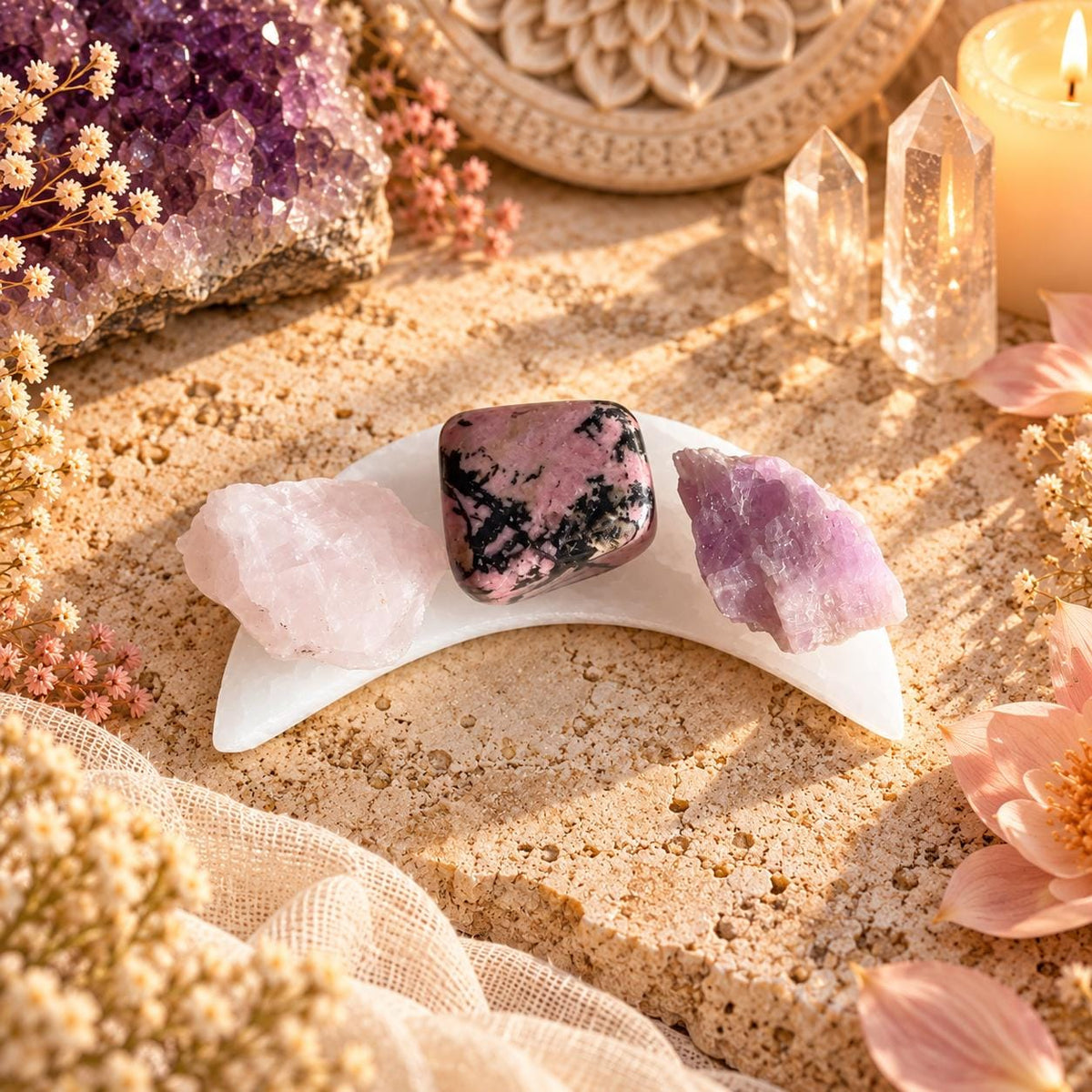 Selenite Charging Plate with Crystal Heart or Stone Sets, Crescent Moon, 4 or 6 Inch.