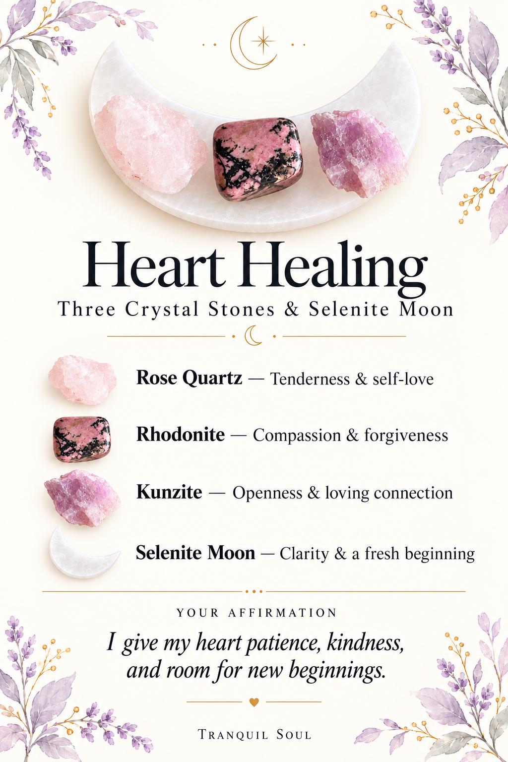 Selenite Charging Plate with Crystal Heart or Stone Sets, Crescent Moon, 4 or 6 Inch.