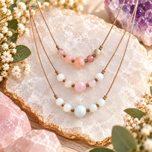 Adjustable Gemstone Layering Necklace: Amethyst, Rose Quartz, Jasper, Celestite Crystal Choker Gift for Her