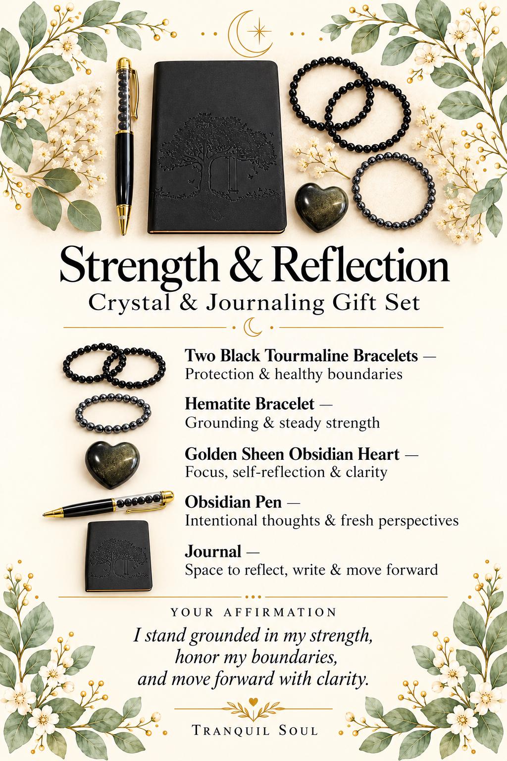 Crystal and Journaling Gift Set for Strength & Reflection with Pocket Journal, Obsidian Heart, Gemstone Bracelets and Obsidian Chip Pen