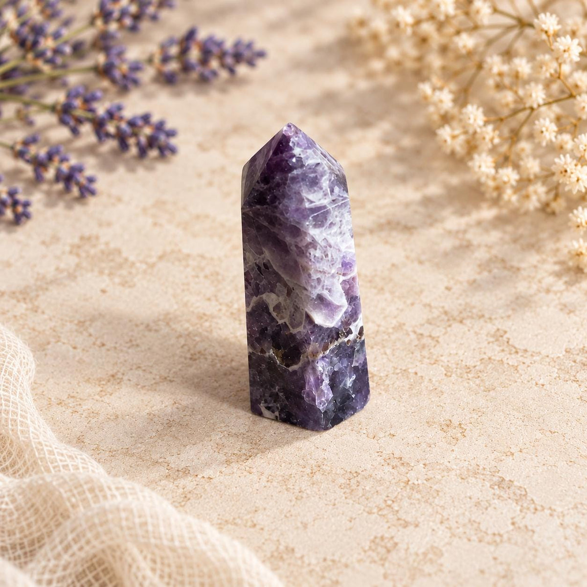 Crystal and Journaling Gift Set for Rest and Reflection: Pocket Journal, Amethyst Chip Pen and Tower, Selenite Stick and Lepidolite Bracelet
