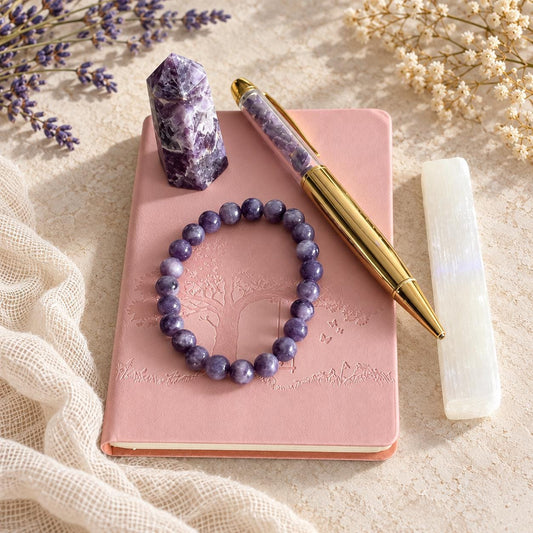 Crystal and Journaling Gift Set for Rest and Reflection: Pocket Journal, Amethyst Chip Pen and Tower, Selenite Stick and Lepidolite Bracelet