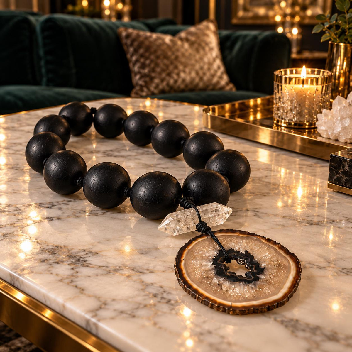 Oversized Black Wood Orb Garland with Agate Slice and Quartz Point 3-Inch Orbs Sculptural Table Accent - Crystal Décor for the Modern Home
