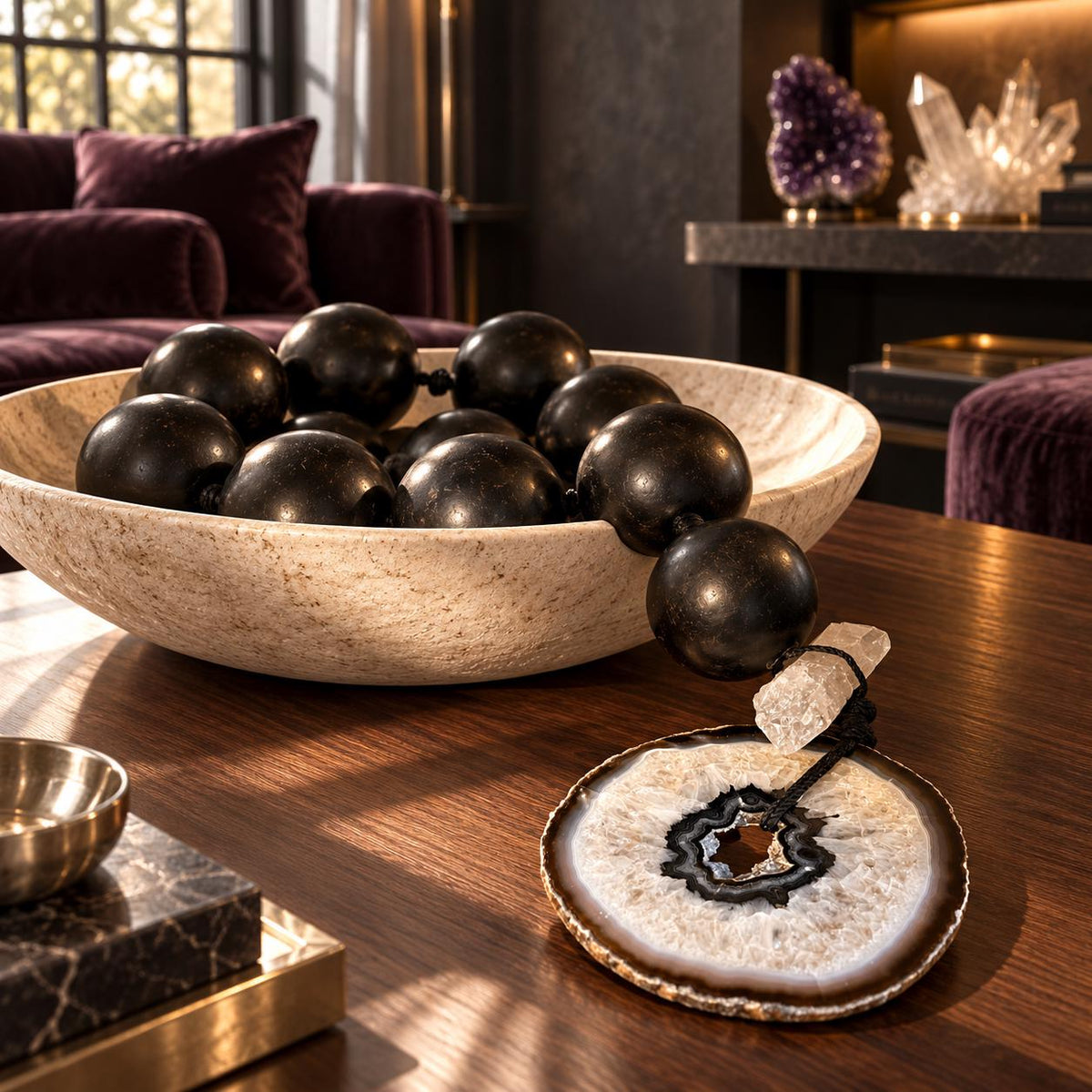Oversized Black Wood Orb Garland with Agate Slice and Quartz Point 3-Inch Orbs Sculptural Table Accent - Crystal Décor for the Modern Home
