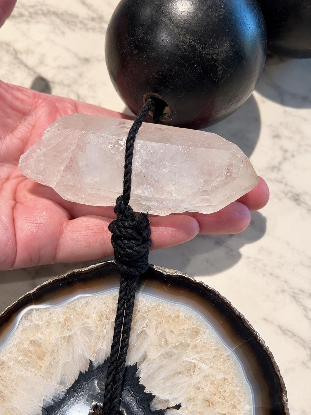 Oversized Black Wood Orb Garland with Agate Slice and Quartz Point 3-Inch Orbs Sculptural Table Accent - Crystal Décor for the Modern Home