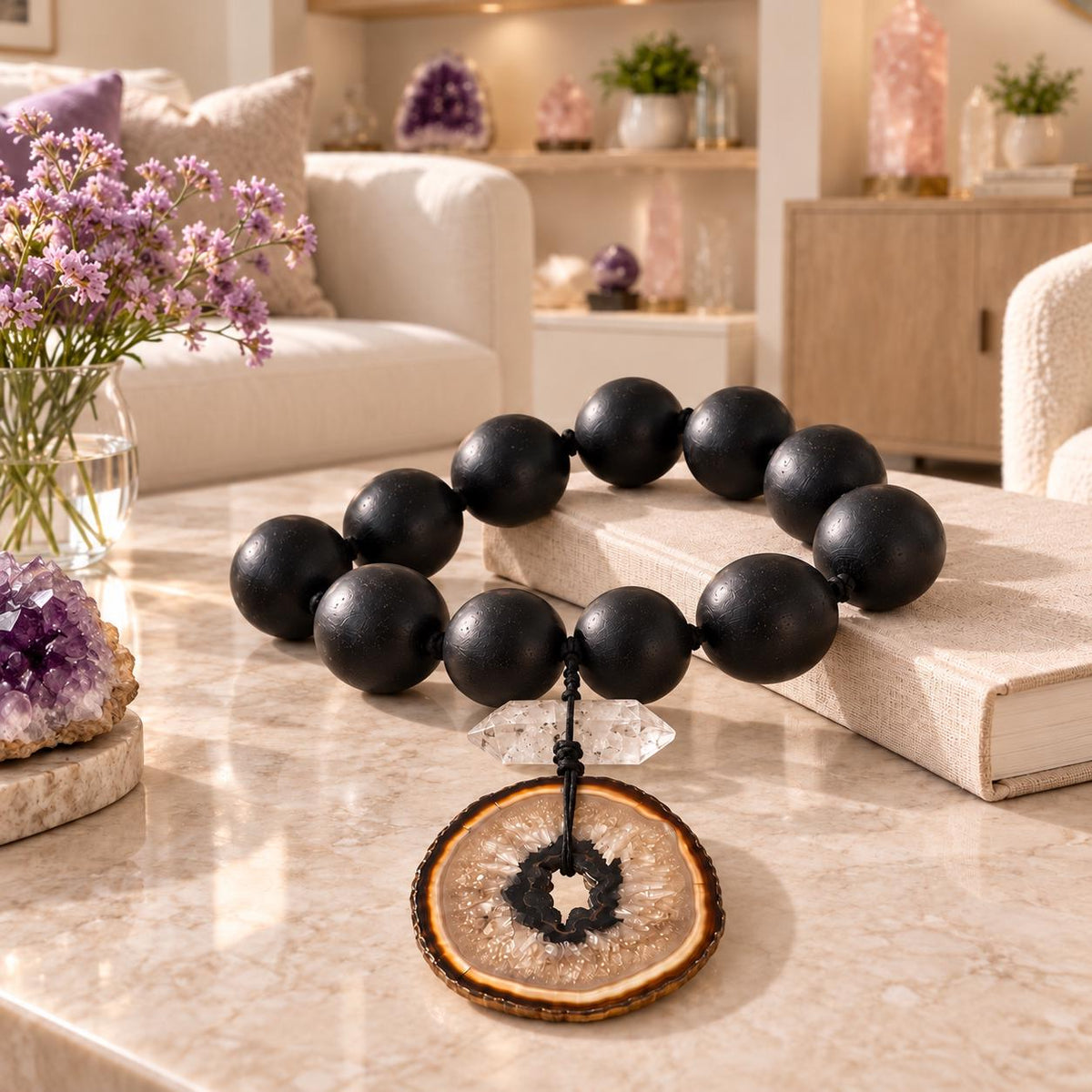 Oversized Black Wood Orb Garland with Agate Slice and Quartz Point 3-Inch Orbs Sculptural Table Accent - Crystal Décor for the Modern Home