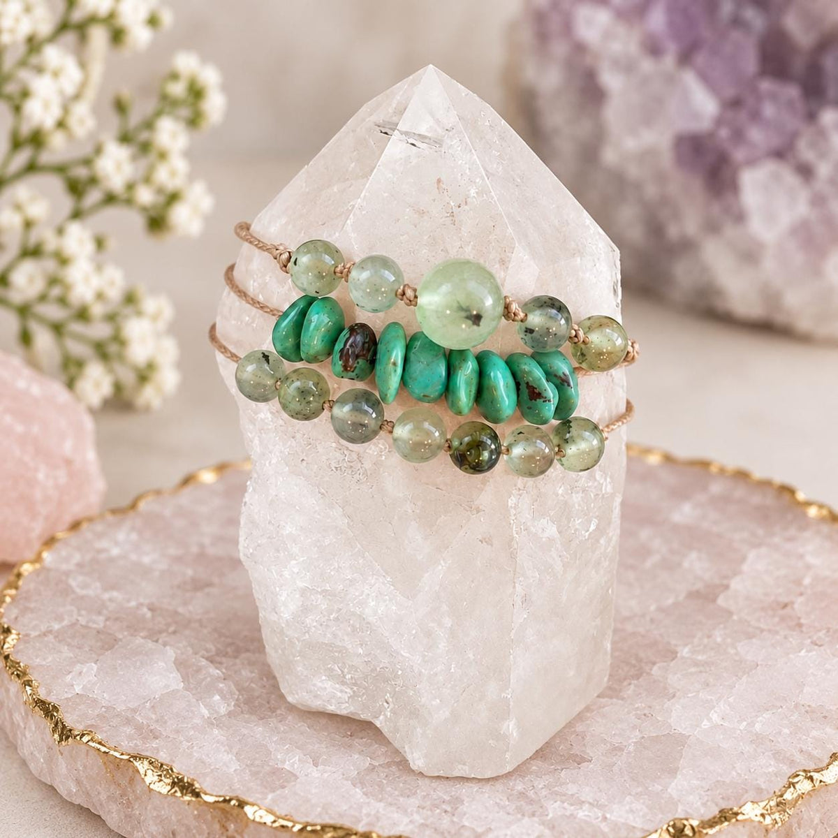 Three adjustable gemstone cord bracelets displayed on a quartz point: graduated prehnite beads, turquoise chips and small round prehnite beads. Each bracelet sold separately.