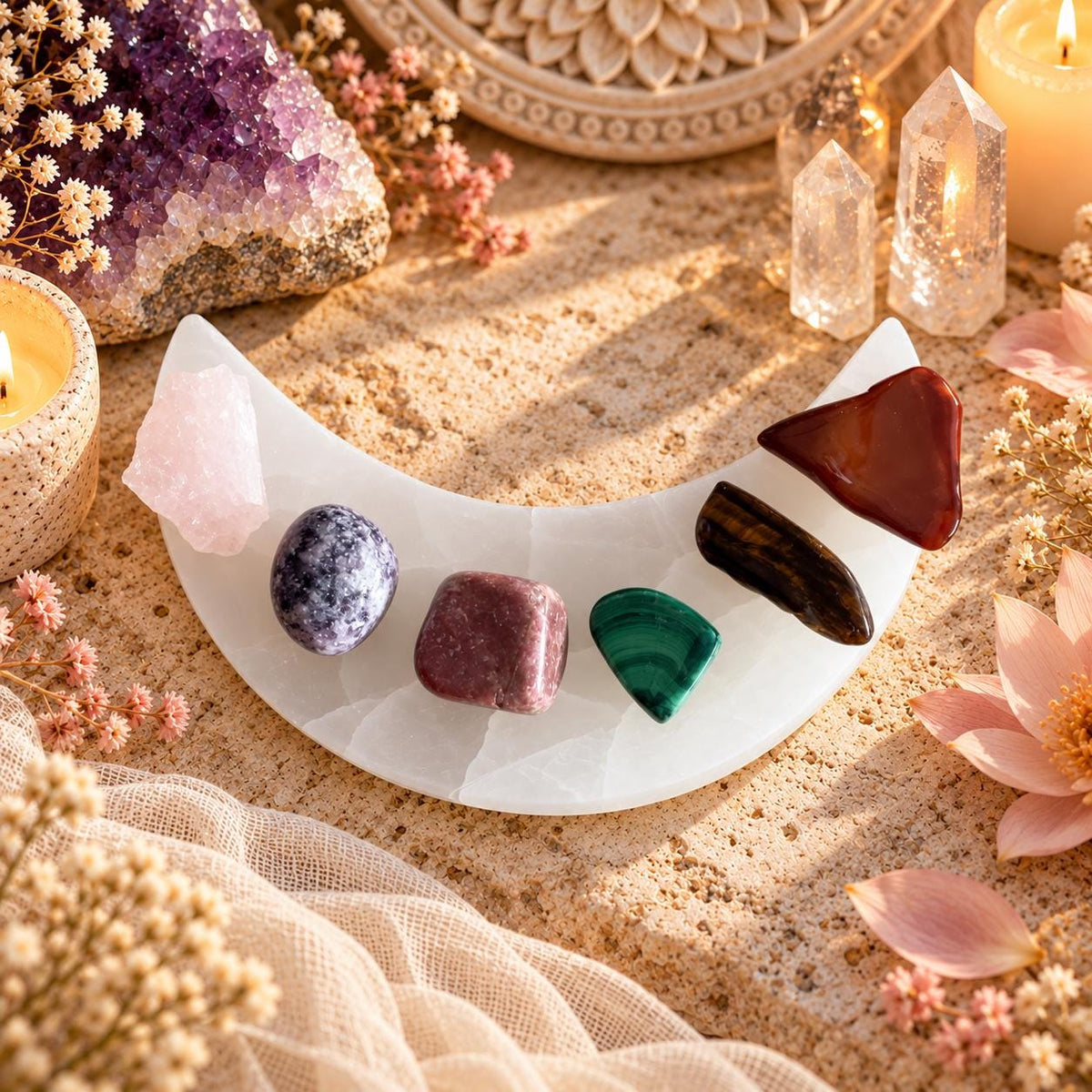 Selenite Charging Plate with Crystal Heart or Stone Sets, Crescent Moon, 4 or 6 Inch.