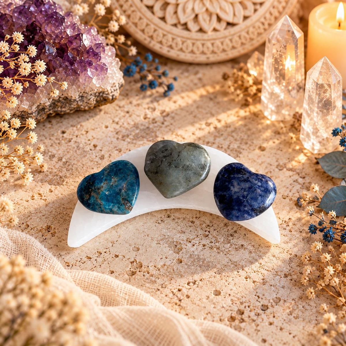 Selenite Charging Plate with Crystal Heart or Stone Sets, Crescent Moon, 4 or 6 Inch.