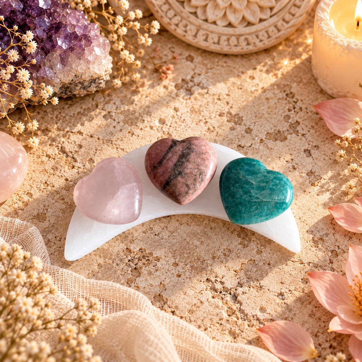 Selenite Charging Plate with Crystal Heart or Stone Sets, Crescent Moon, 4 or 6 Inch.