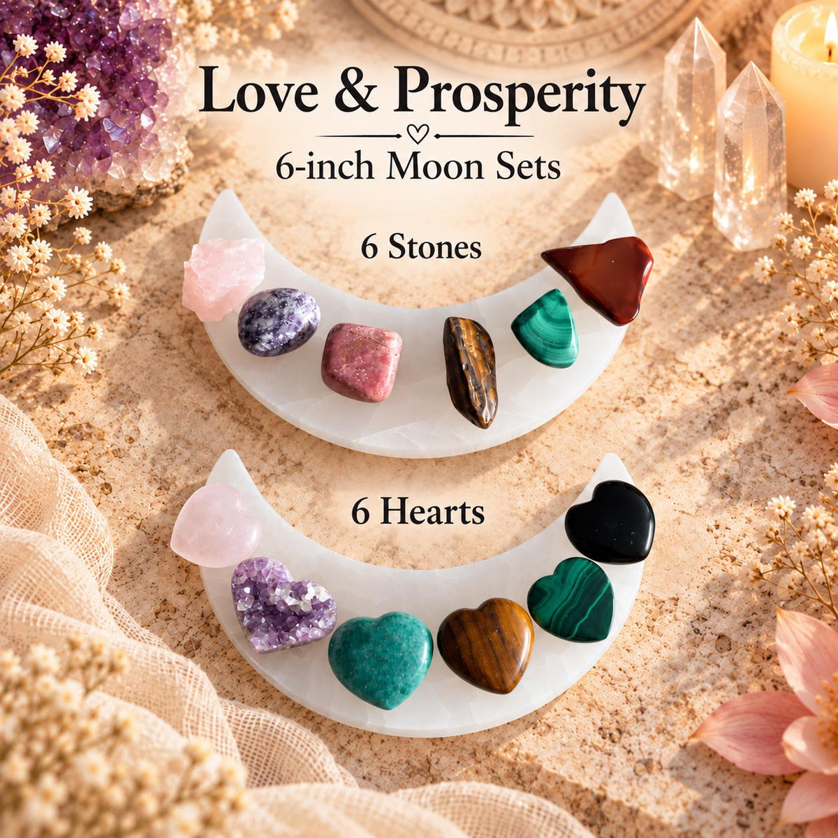 Selenite Charging Plate with Crystal Heart or Stone Sets, Crescent Moon, 4 or 6 Inch.