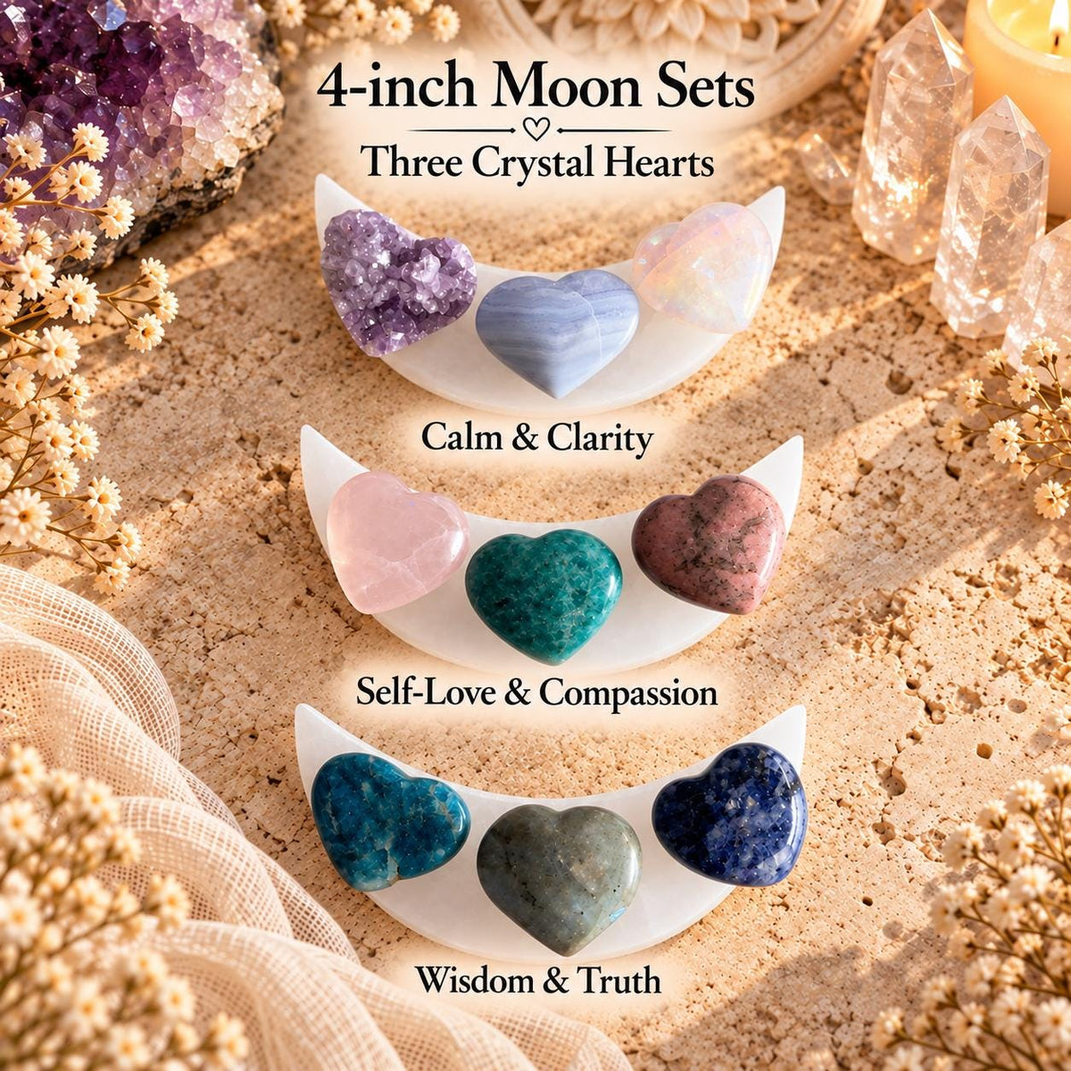 Selenite Charging Plate with Crystal Heart or Stone Sets, Crescent Moon, 4 or 6 Inch.