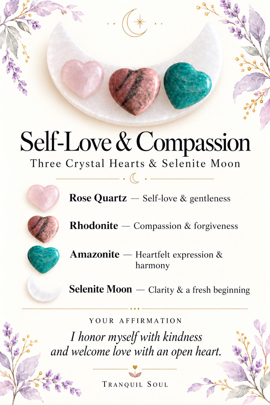 Selenite Charging Plate with Crystal Heart or Stone Sets, Crescent Moon, 4 or 6 Inch.