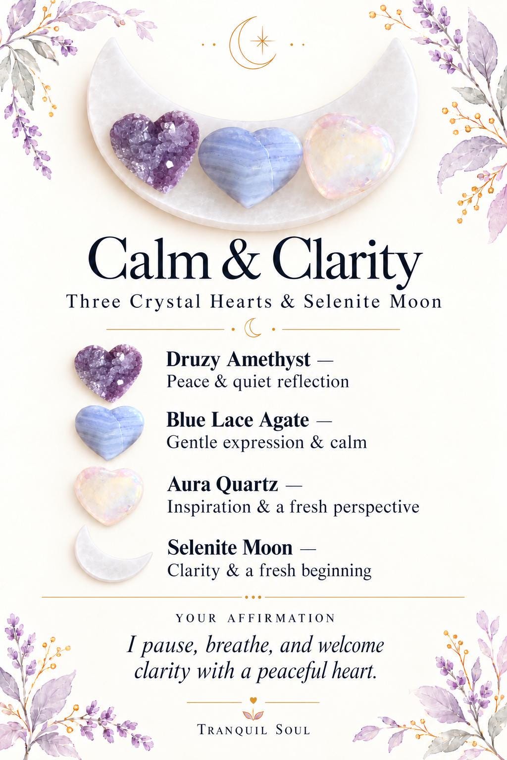 Selenite Charging Plate with Crystal Heart or Stone Sets, Crescent Moon, 4 or 6 Inch.