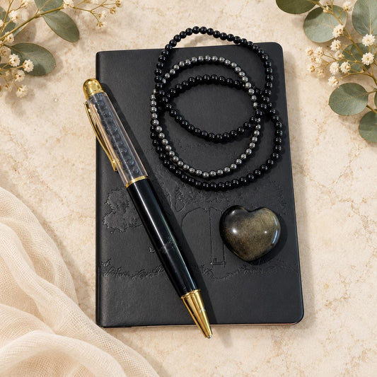 Crystal and Journaling Gift Set for Strength & Reflection with Pocket Journal, Obsidian Heart, Gemstone Bracelets and Obsidian Chip Pen