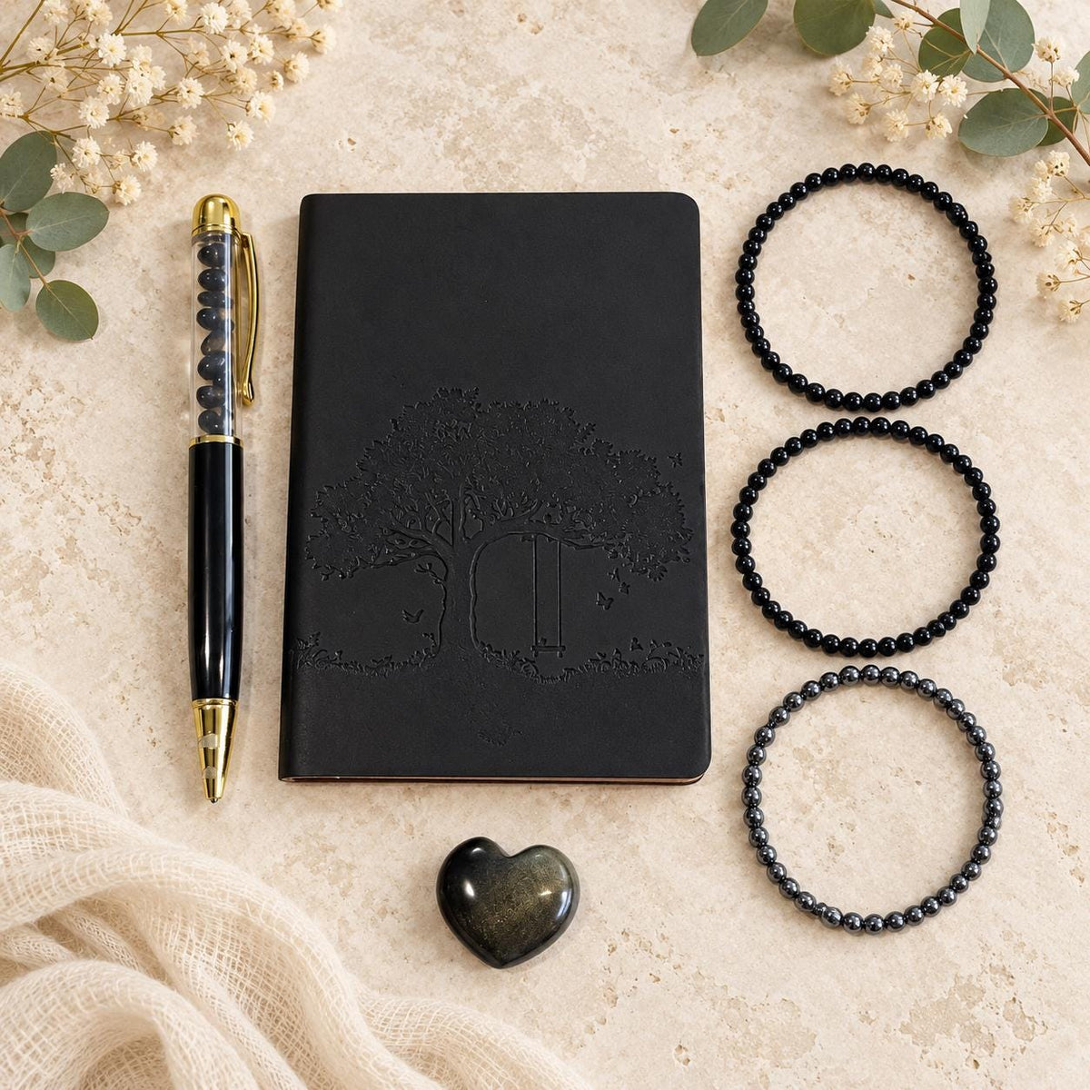 Crystal and Journaling Gift Set for Strength & Reflection with Pocket Journal, Obsidian Heart, Gemstone Bracelets and Obsidian Chip Pen
