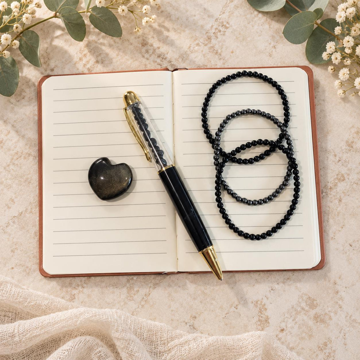 Crystal and Journaling Gift Set for Strength & Reflection with Pocket Journal, Obsidian Heart, Gemstone Bracelets and Obsidian Chip Pen