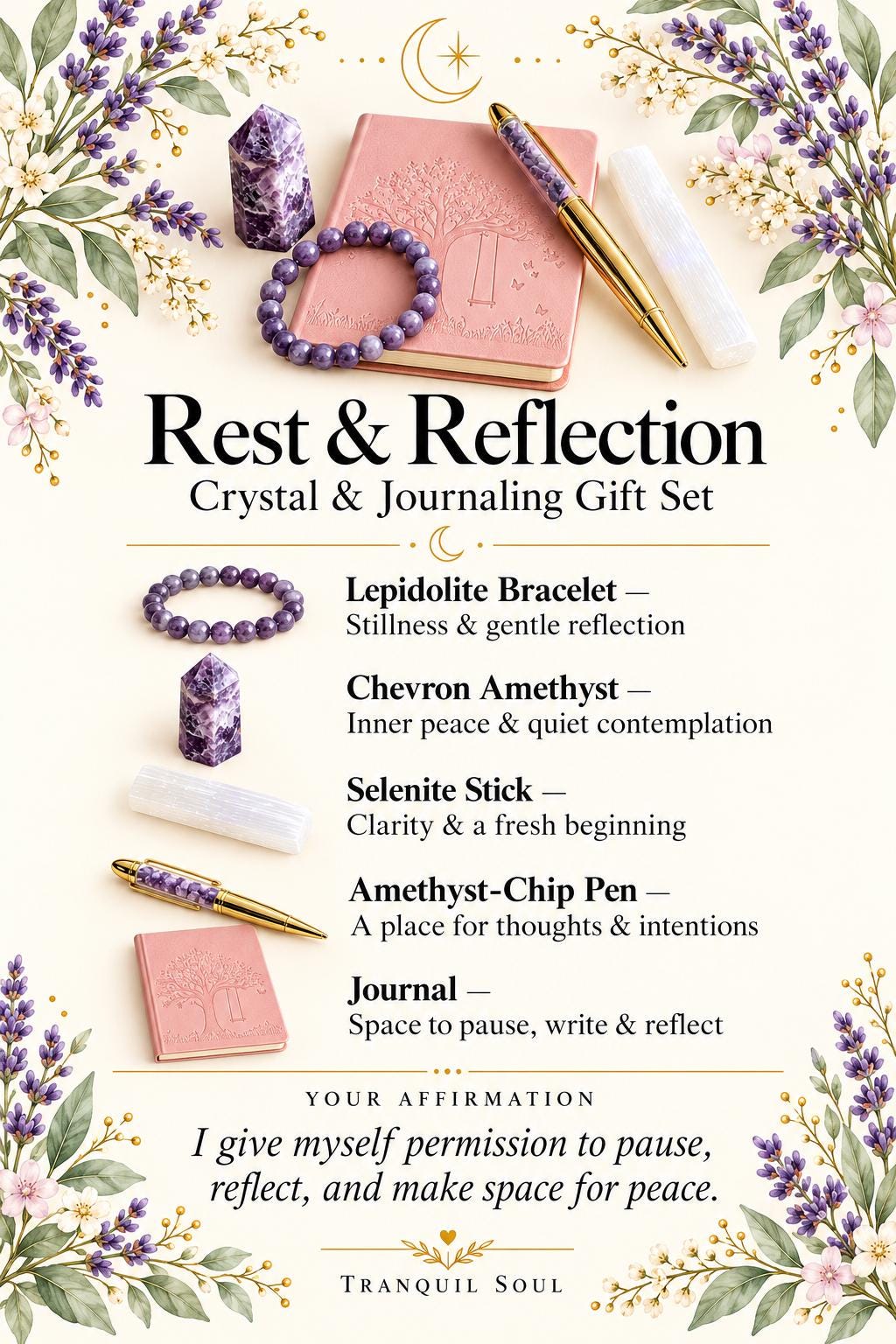 Crystal and Journaling Gift Set for Rest and Reflection: Pocket Journal, Amethyst Chip Pen and Tower, Selenite Stick and Lepidolite Bracelet