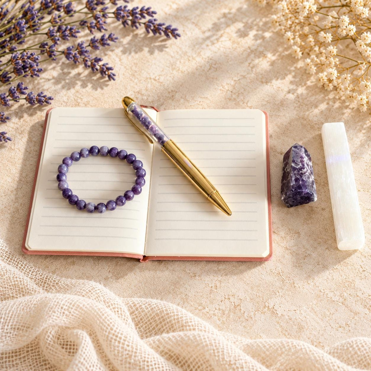 Crystal and Journaling Gift Set for Rest and Reflection: Pocket Journal, Amethyst Chip Pen and Tower, Selenite Stick and Lepidolite Bracelet