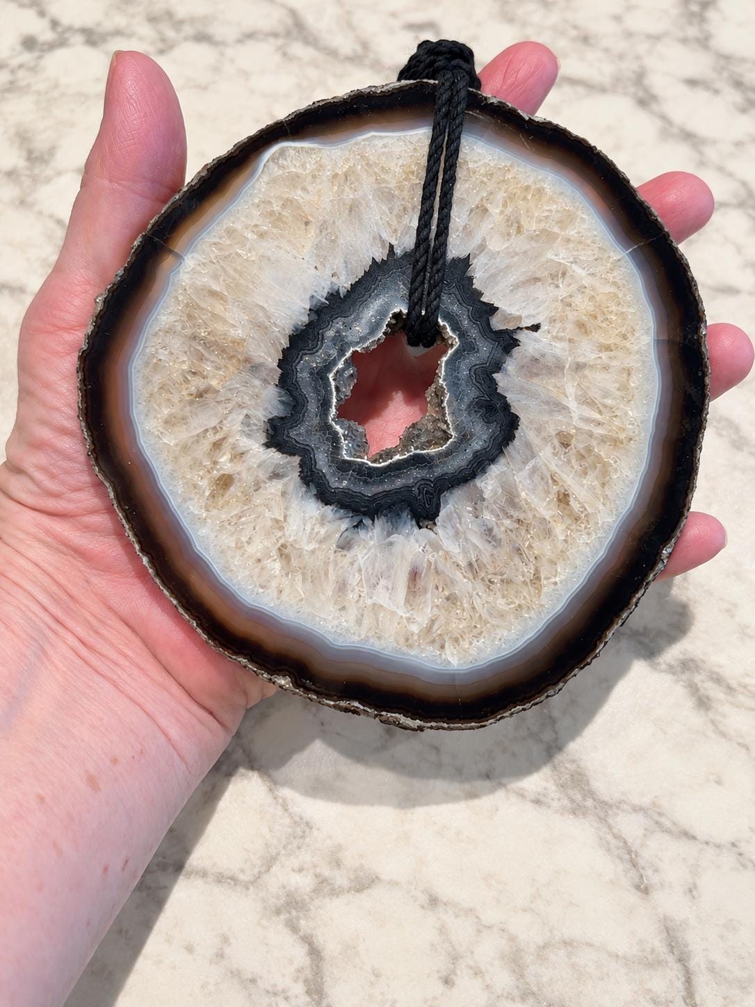 Oversized Black Wood Orb Garland with Agate Slice and Quartz Point 3-Inch Orbs Sculptural Table Accent - Crystal Décor for the Modern Home