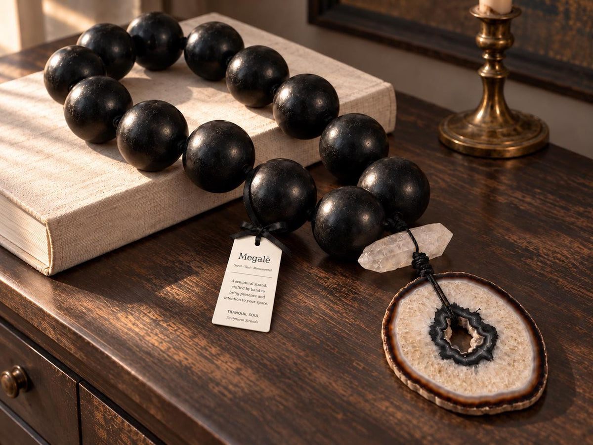 Oversized Black Wood Orb Garland with Agate Slice and Quartz Point 3-Inch Orbs Sculptural Table Accent - Crystal Décor for the Modern Home