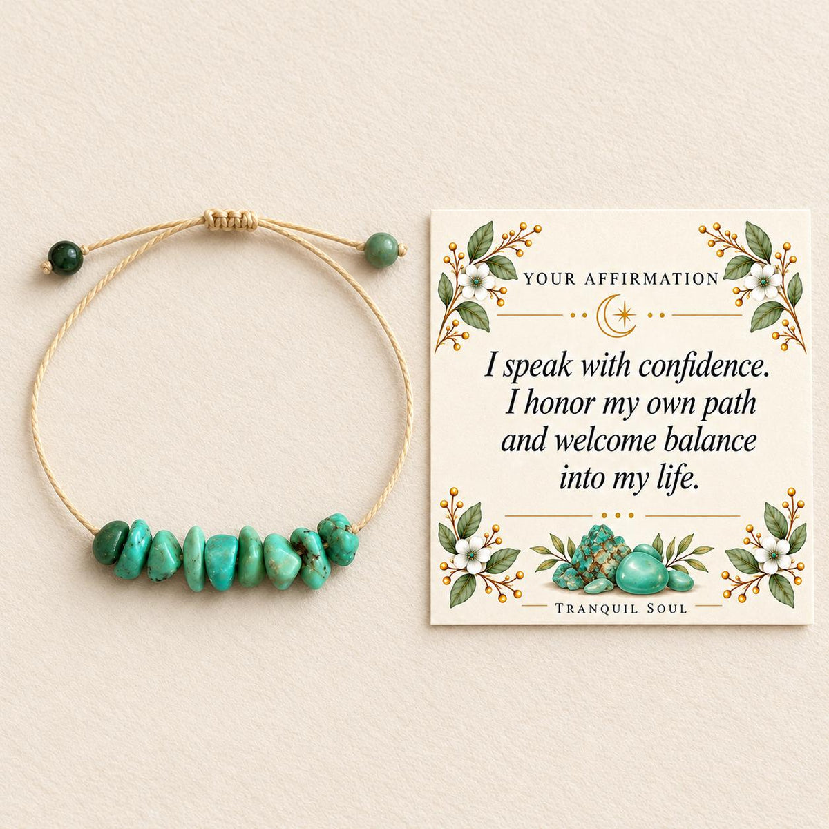 Adjustable turquoise chip bracelet beside the included affirmation card: I speak with confidence. I honor my own path and welcome balance into my life.