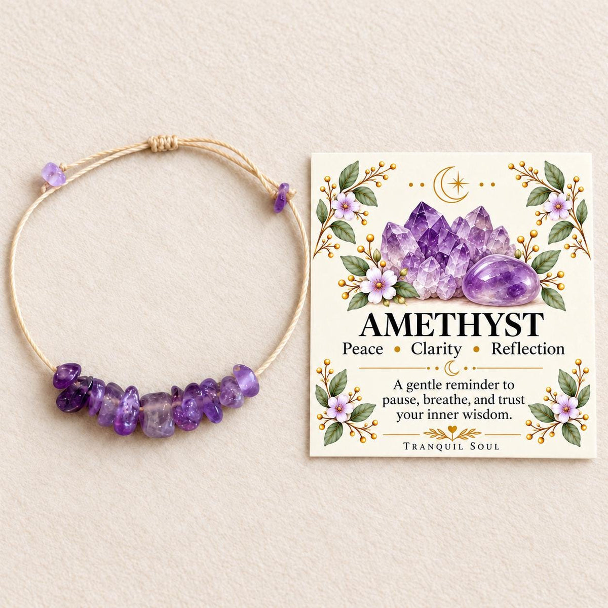 Adjustable amethyst chip bracelet on natural-colored cord beside the included botanical card showing amethyst stones and the words Peace, Clarity and Reflection.