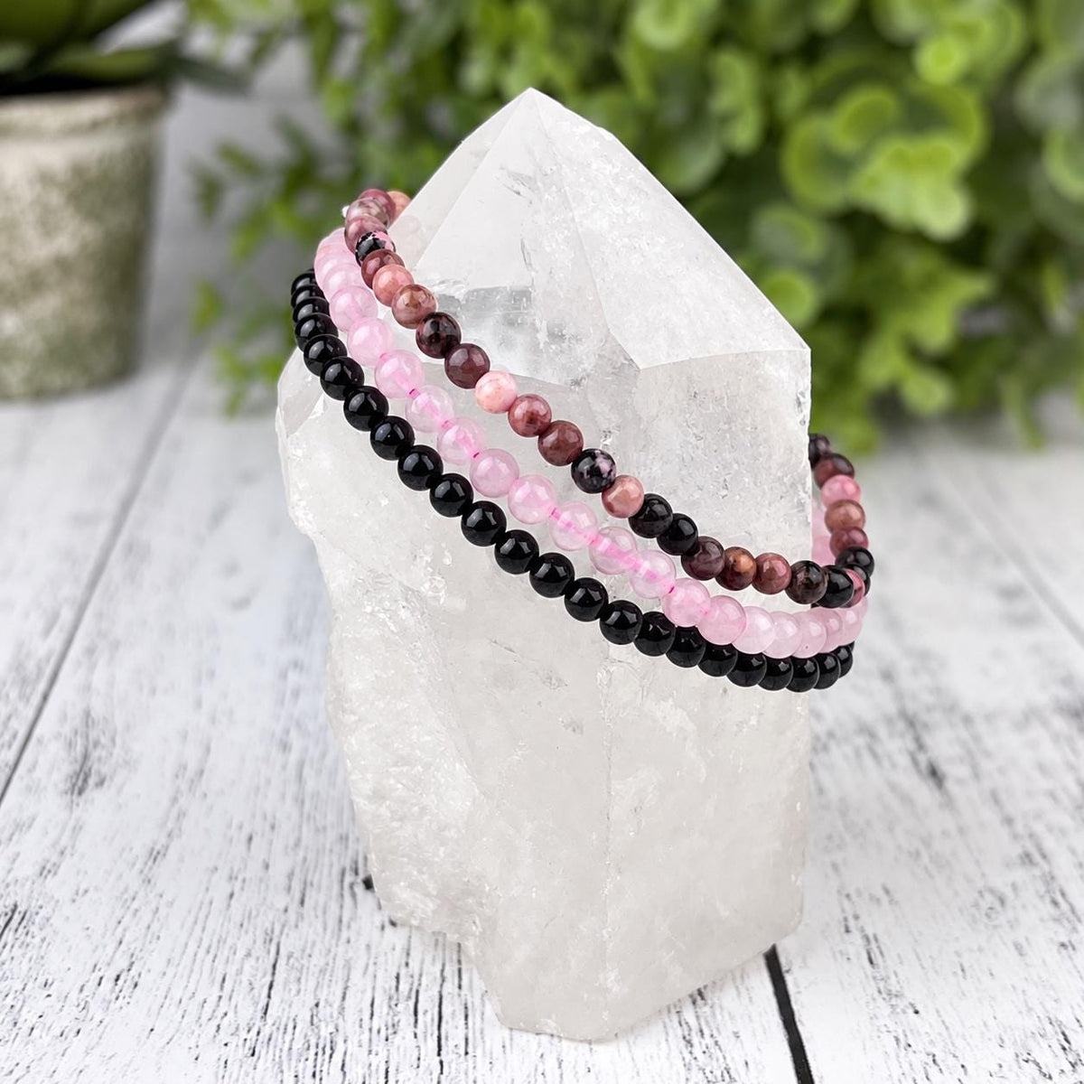 Stress Relief Bracelet Set – Dainty Black Tourmaline, Rose Quartz, Rhodonite Stacking Bracelets