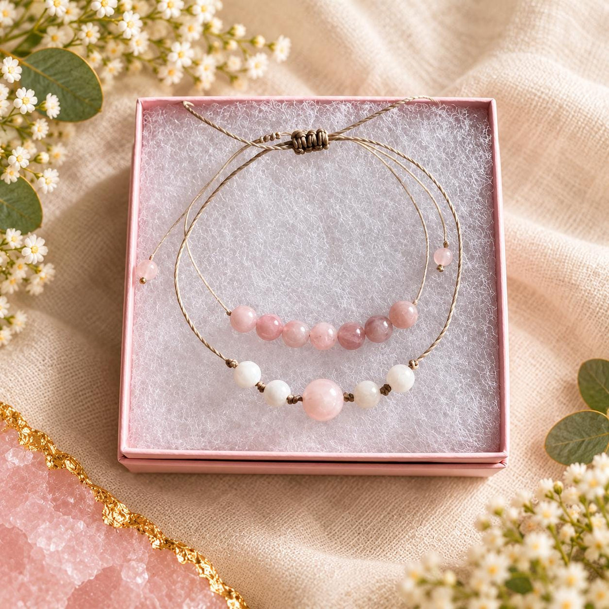 Rose Quartz Necklace and Bracelet Set, Adjustable Macrame Jewelry, Dainty Gemstone Gift Set, Ready to Ship