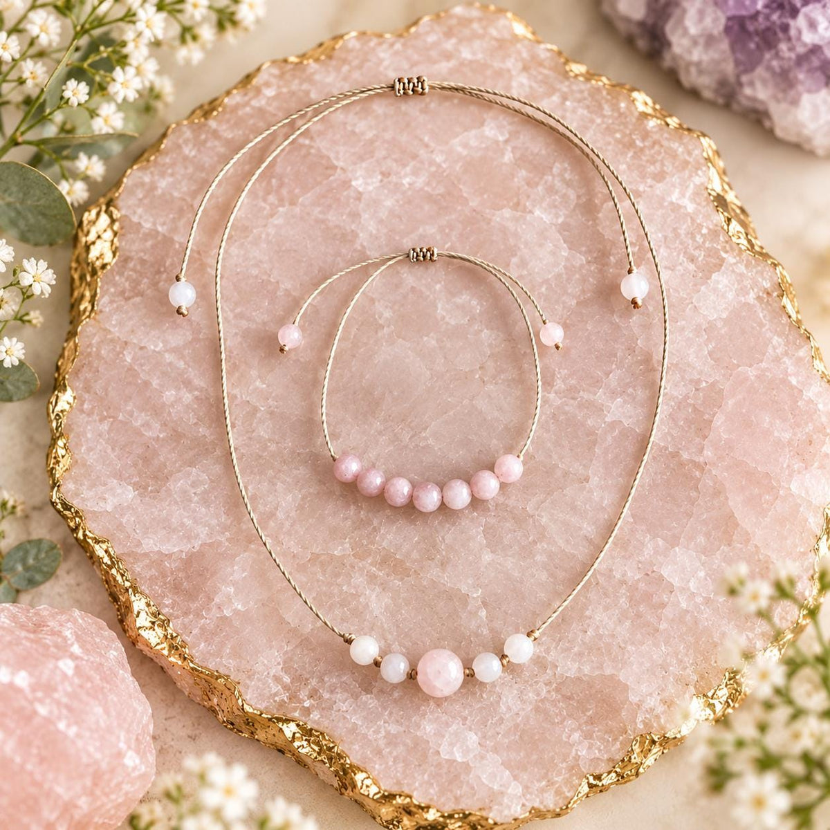 Rose Quartz Necklace and Bracelet Set, Adjustable Macrame Jewelry, Dainty Gemstone Gift Set, Ready to Ship
