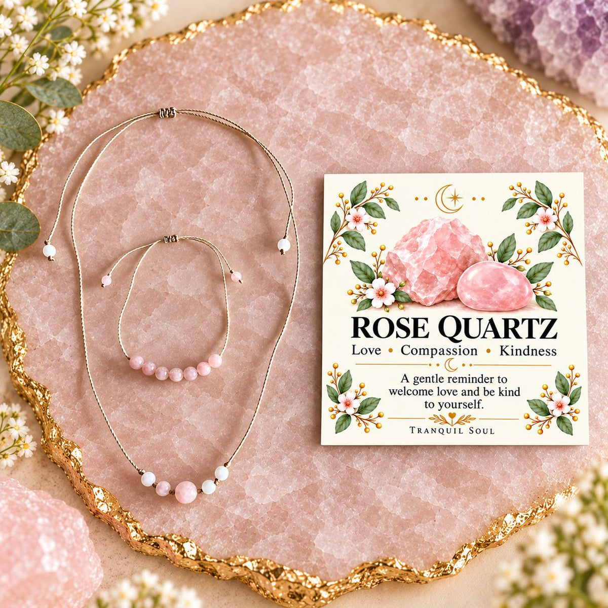 Rose Quartz Necklace and Bracelet Set, Adjustable Macrame Jewelry, Dainty Gemstone Gift Set, Ready to Ship