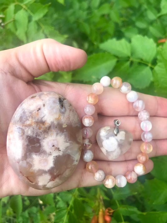 Flower Agate Heart Set - Crystals for everyone • Crystals And Cord