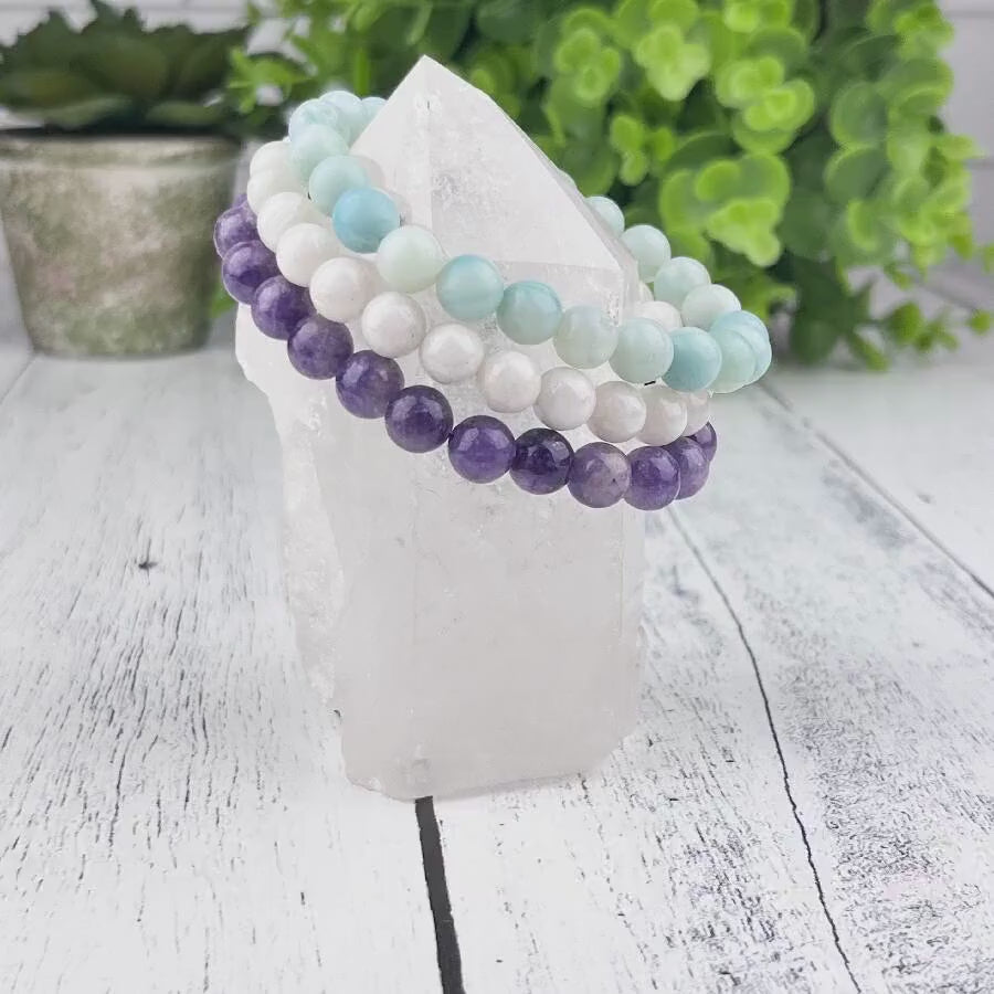 Harmony Stack Bracelet Set: Amazonite, Lepidolite, White Moonstone - Gemstone beaded bracelets for balance, self-love, and new beginnings