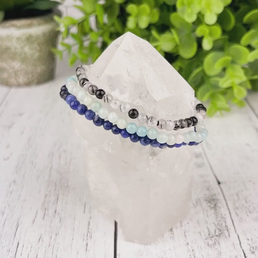 Gemstone Abundance Stack Bracelet Set - Sodalite, Amazonite, Tourmalated Quartz - Balance & Harmony Energy Jewelry for Intuition -