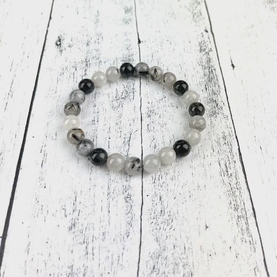 Protection & Clarity Crystal Bracelet – 8mm Tourmalinated Quartz with Clear Quartz Beads on Stretch Cord – Energy Shielding Jewelry