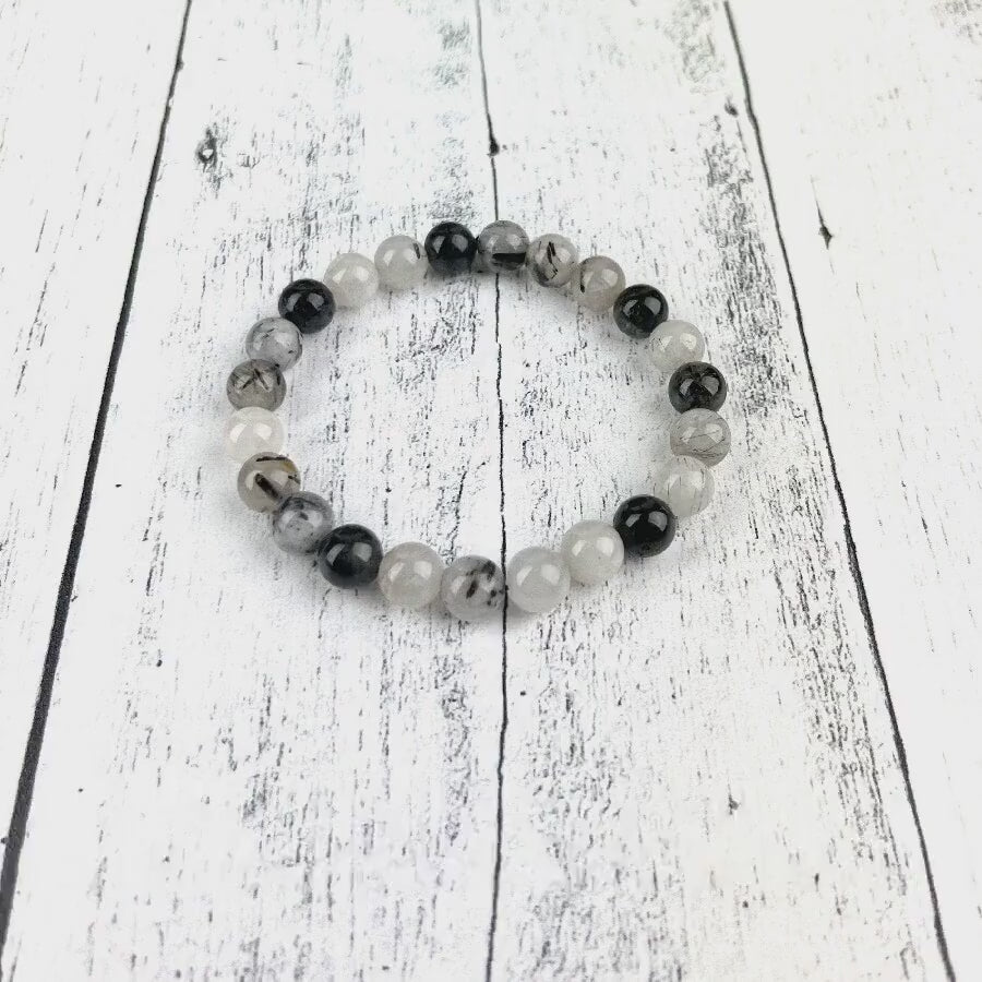 Protection & Clarity Crystal Bracelet – 8mm Tourmalinated Quartz with Clear Quartz Beads on Stretch Cord – Energy Shielding Jewelry