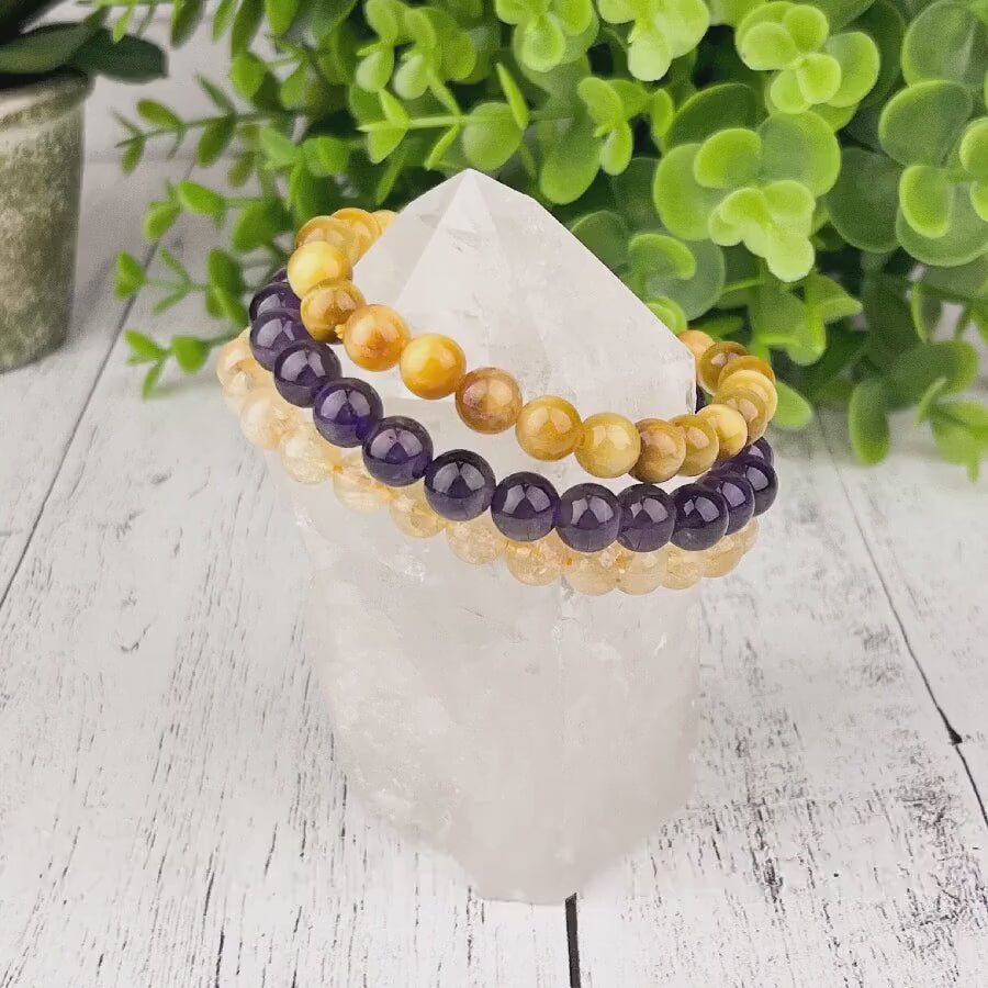 Gemstone Success Stack Bracelet Set with Amethyst, Citrine, and Tiger Eye Beads | Wealth, Prosperity, Success | Crystal Healing Bracelets |