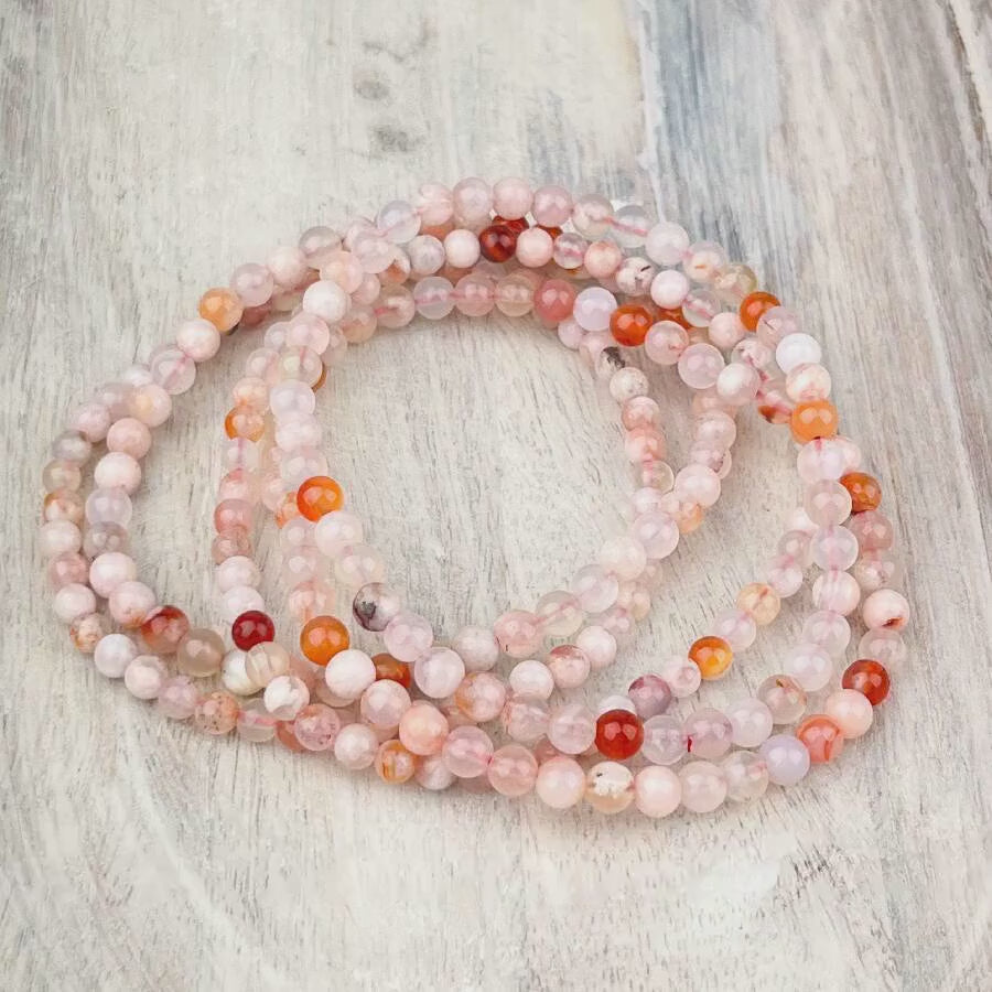 Gemstone Bracelet Flower Agate 4mm Beads Elastic Realign Energy Balance Body Protection Manifestation Gift