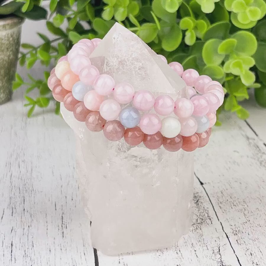 Self Love Stack Gemstone Bracelet Set - Rose Quartz, Peach Moonstone, Morganite - Emotional Healing, Calming Energy, Self-Love - 8mm Beads