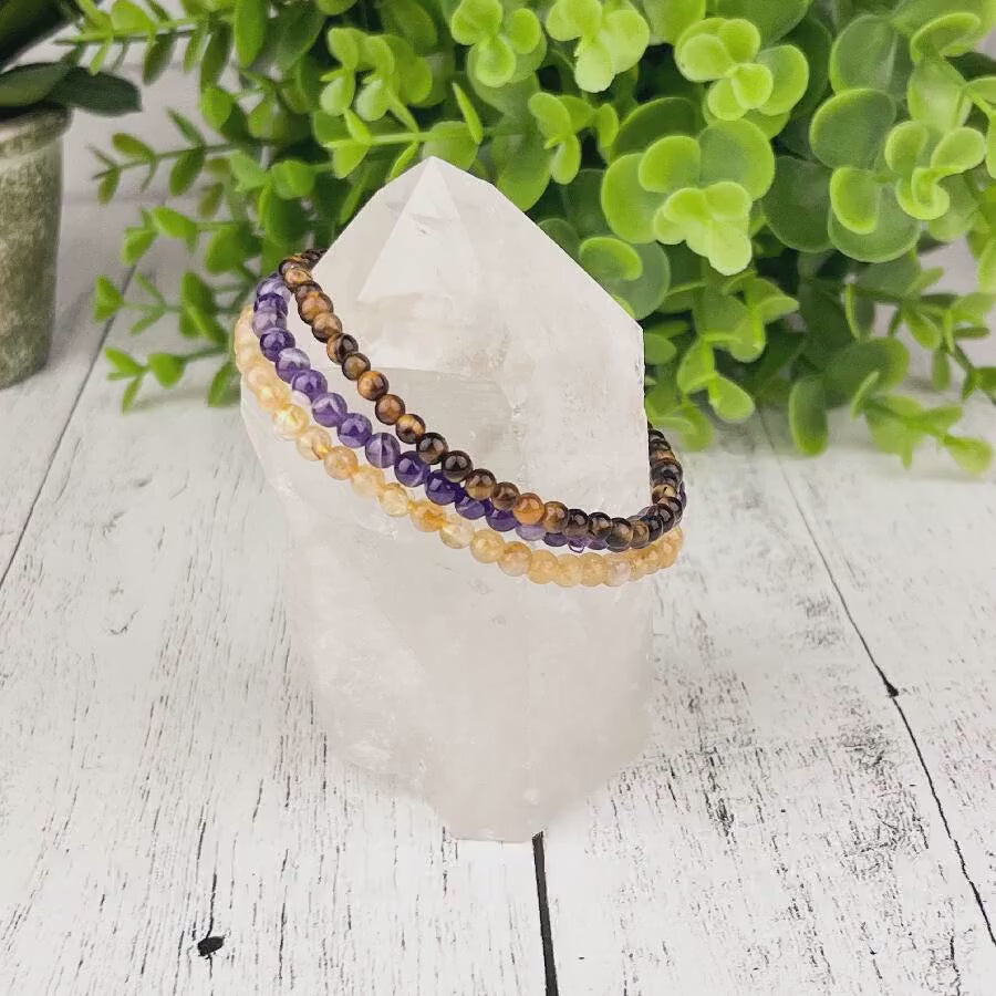 Gemstone Bracelet Stack Set for Success and Prosperity, Amethyst, Citrine, and Tiger Eye Spiritual Awareness and Good Fortune