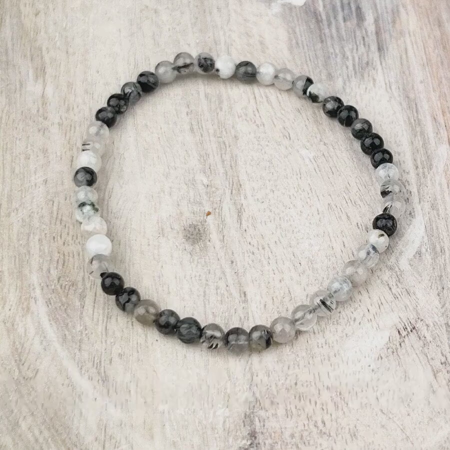 Gemstone Bracelet with Tourmalated Quartz for Purifying Energies - 4mm Stone Beads on Elastic - Spiritual Shield Stone