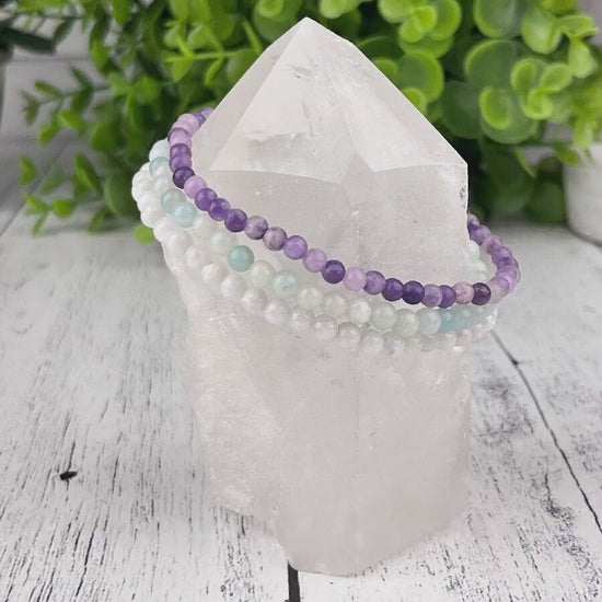 Gemstone Harmony Stack Bracelet Set with Amazonite, Lepidolite & Moonstone Beads for Inner Balance - Emotional Wellbeing